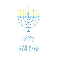 Hanukkah traditional greeting card. Menorah with nine candles. Isolated on white. 