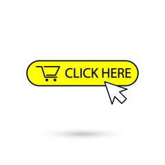 Click here vector web button. Isolated website buy yellow bar icon with clicking cursor.