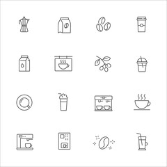 Simple coffee related vector line icons set Contains icons such as Cezve, Coffee Maker, Beans and more. Editable strokes.