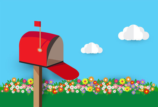 open red mailbox and beautiful flowers vector design
