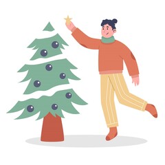 Woman decoration on tree christmas