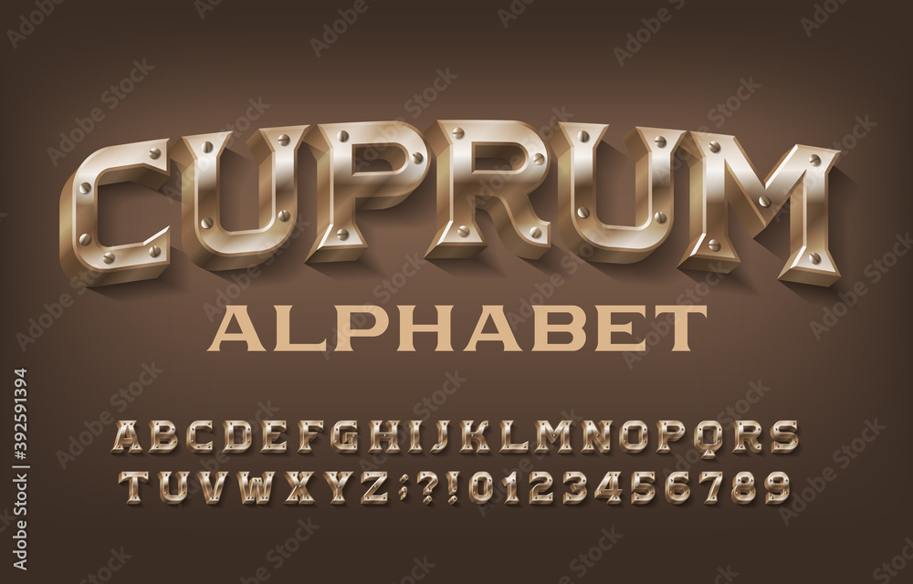 Fototapete Cuprum alphabet font. Steampunk letters and numbers with screws. Stock vector typescript for your design.