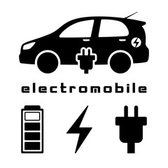 Electromobile. Icons for charge, battery, socket, car refueling.