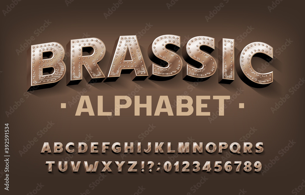 Fototapete brassic alphabet font. steampunk scratched letters and numbers with rivet. stock vector typescript f