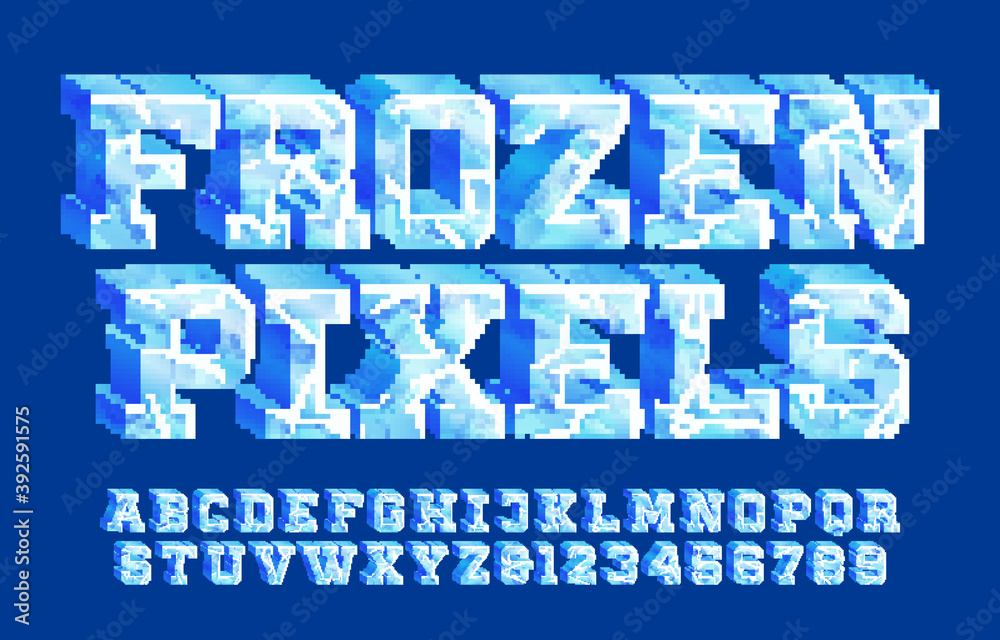Fototapete frozen pixels alphabet font. 3d ice letters and numbers. stock vector 80s arcade video game typescri