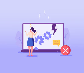 Woman stands at a broken computer. Concept of repairmen, repair computer, laptop, fix app, broken equipment, quick repair. Vector illustration in flat design