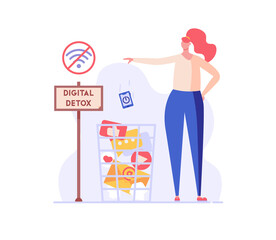 Woman throws mobile phone into the trash. Concept of digital detox, disconnecting, mediastika, device free zone, internet addiction, no mobile phobia, phubbing. Vector illustration in flat design.