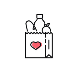 Food donation icon on white. Food bag for donations. Vector black icon for help, social care, volunteering, support for poor people, charity and food drive. Vector outline icon with editable stroke
