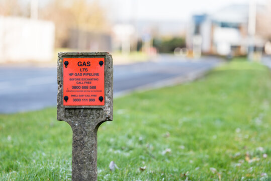 Northampton UK December 09, 2017: Undergound Gas Pipeline Warning Sign In Brackmills Industrial Estate