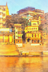 Cityscape from Ganges colorful painting