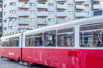 Naklejka na ściany i meble tram at the stop in the city center, public transport