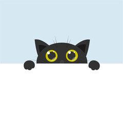 curious cute black cat with big yellow eyes, cartoon flat vector illustration with blank banner for text poster