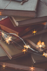 Old books with garlands. Christmas lights. - 392592527