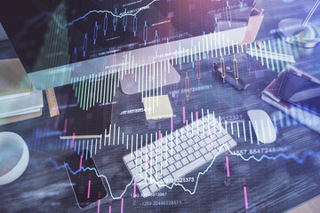 Multi exposure of forex graph and work space with computer. Concept of international online trading.