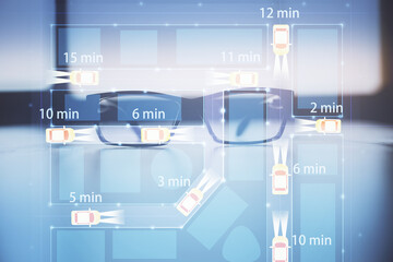 Automobile theme hologram with glasses on the table background. Autopilot concept. Double exposure.