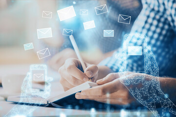 Polygonal hands using tablet with abstract e-mail network. Communication concept. Double exposure.