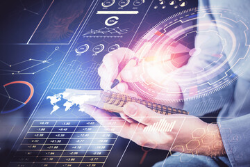 Writing human hands with tech theme multi exposure icons.