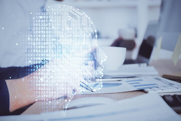 Brain multi exposure icon with man hands background.