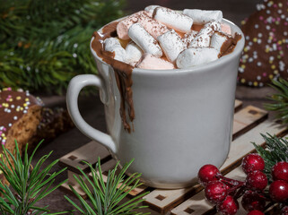 Cup with hot chocolate, cocoa, marshmallows and gingerbread in chocolate glaze. Christmas mood, spruce branches. Merry christmas, happy new year