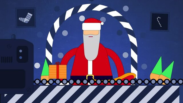 Santa Claus collects gifts from the conveyor belt in his bag