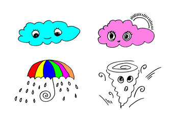 Funny clouds - vector collection. Set of clouds with umbrella. Kawai cloud faces. Cute emoticons. Flat. Vector illustration isolated on white background.