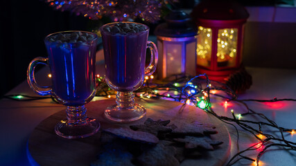 Composition for Christmas night. Cocoa and gingerbread for santa claus