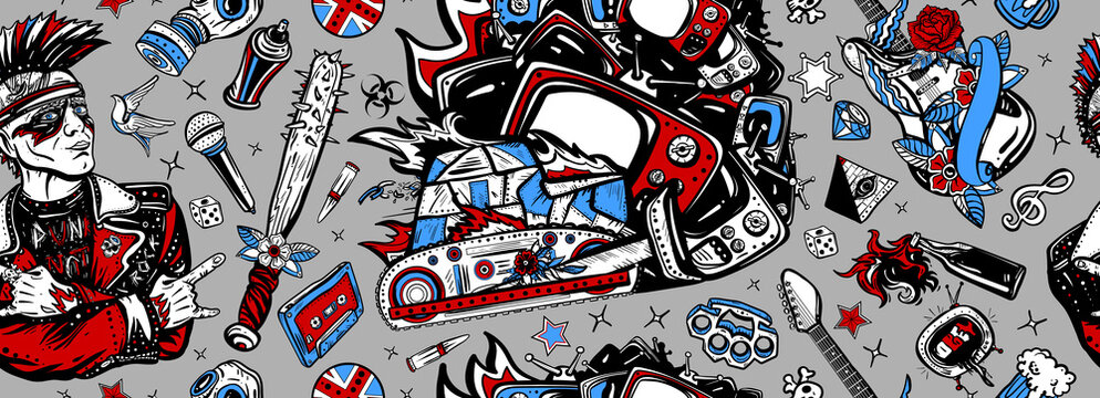 Protest concept. Seamless pattern. Punker with mohawk hairstyle, audio type, bulldozer. Punk rock music. Street culture musical art. Hooligans lifestyle. Electric guitar. Anarchy. Consumer society