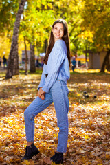 Young brunette girl in a woolen sweater and blue jeans posing in an autumn park