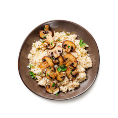 Risotto with brown champignon mushrooms isolated on white background