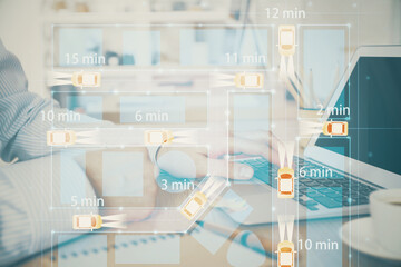 Automobile theme drawing with businessman working on computer on background. Autopilot taxi concept. Multi exposure.