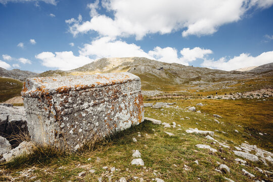 Stecak, old medieval tombstone lie scattered at the plateau of Visocica mountain