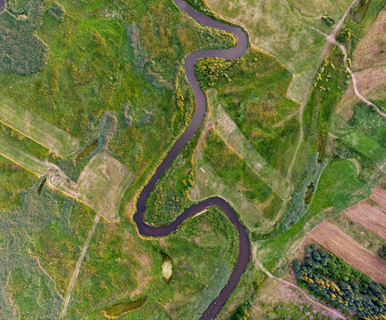 top down view of the Narew river in Poland, Podlasie Polska