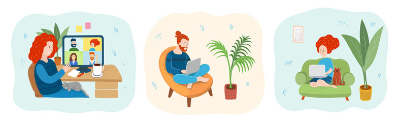 Freelancers or students working online in laptops. Male and female working freelance or studying at home in comfortable conditions. Self employed person at home office.Vector isolated illustration