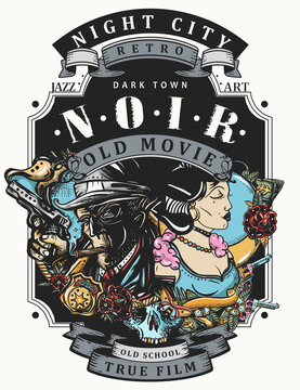 Noir detective and retro woman portrait. Old movie style. Vector illustration. Dark crime art. Gangster and criminal girl. Mafia concept. Tattoo and t-shirt design. Police inspector and night city
