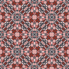 Creative color abstract geometric pattern in red pink blue, vector seamless, can be used for printing onto fabric, interior, design, textile, rug, tiles, carpet.