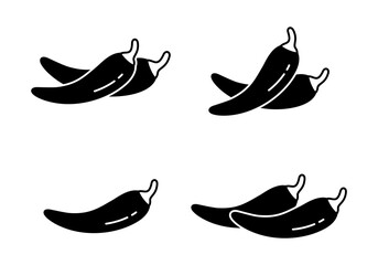 Chili pepper or Cayenne, silhouette icons set. Outline pictogram for packaging design. Black simple illustration of hot spice and piquancy. Flat isolated vector emblem on white background