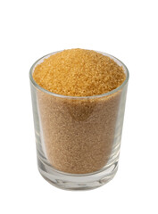 Eco bio brown sugar in glass isolated on black background