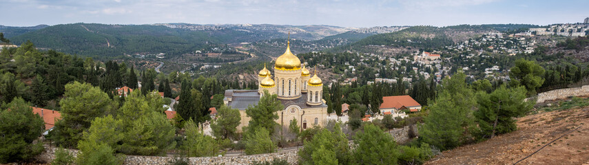 Fototapeta na wymiar Large panoramic view of Gorny Monastery and Church of Saint John the Baptist, Ein Karem. Jerusalem. Israel