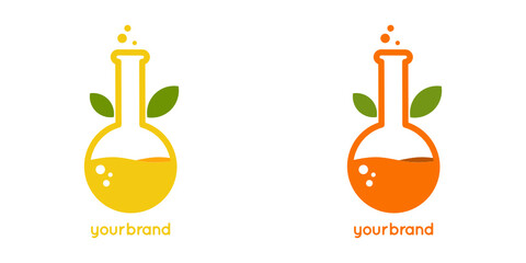 Orange fruit juice logo design template with laboratory flask