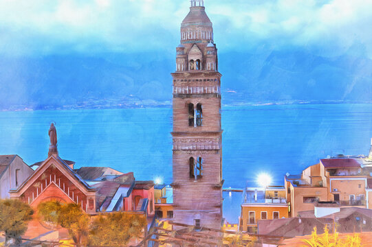 Beautiful bell tower of Saint Erasmus Cathedral colorful painting looks like picture