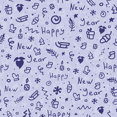 Christmas blue background with white snowflakes, stars, branches, tree, santa, gifts and lettering Happy New Year. Seamless pattern. Christmas holiday design, decor. Vector illustration.