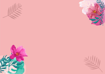 Vector Tropical Frame with Hand drawn Watercolor Peonies, Monstera Leaf, Decorative Leaves on a Beige Background. Modern, contemporary design with abstract elements. Useful for ads, prints.