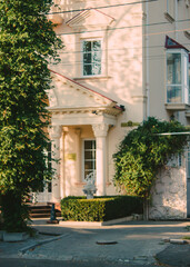 building facade at sunset