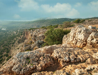 Fototapeta na wymiar View from Adamite Park to the hilly landscapes of the Western Galilee. 