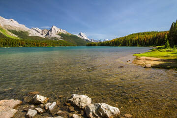 The Rocky Mountains. Beautiful Canadian Landscape. The view of lovely  Maligne Lake  in Jasper National Park, Alberta, Canada, North  America 