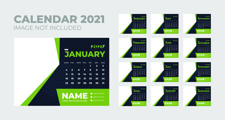 Calendar 2021, Set Desk Calendar template design with Place for Photo and Company Logo. Week Starts on Monday. Set of 12 Months.