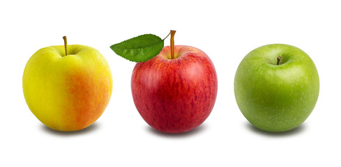 Yellow, red and green apples Isolated on white background with clipping path.