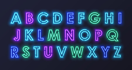 Set of blue, green, purple, pink neon illuminated letters, alphabet, abc. Vector illustration on dark background.
