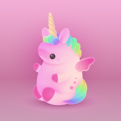 Cute plump pink unicorn with horn, rainbow hair, mane look like 3d rendering. Holiday, birthday  illustration for postcard greeting card, banner, decor, design, arts,  party on pink background.