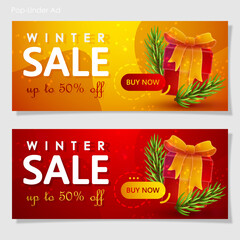 Set of red and gold banner with gifts, spruce, fir branches and letters Winter Sale and lights. Holiday vector illustration for sale, advertising and special discounts.
